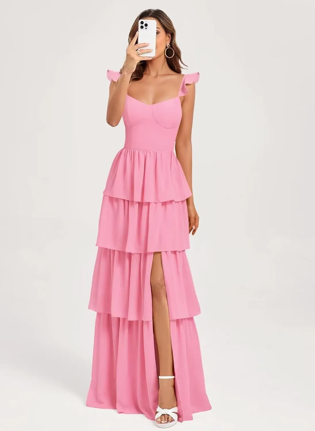 GDJDIFK Tiered Ruffles Bridesmaid Dresses for Women - Spaghetti Straps Chiffon Formal Evening Gown with Slit