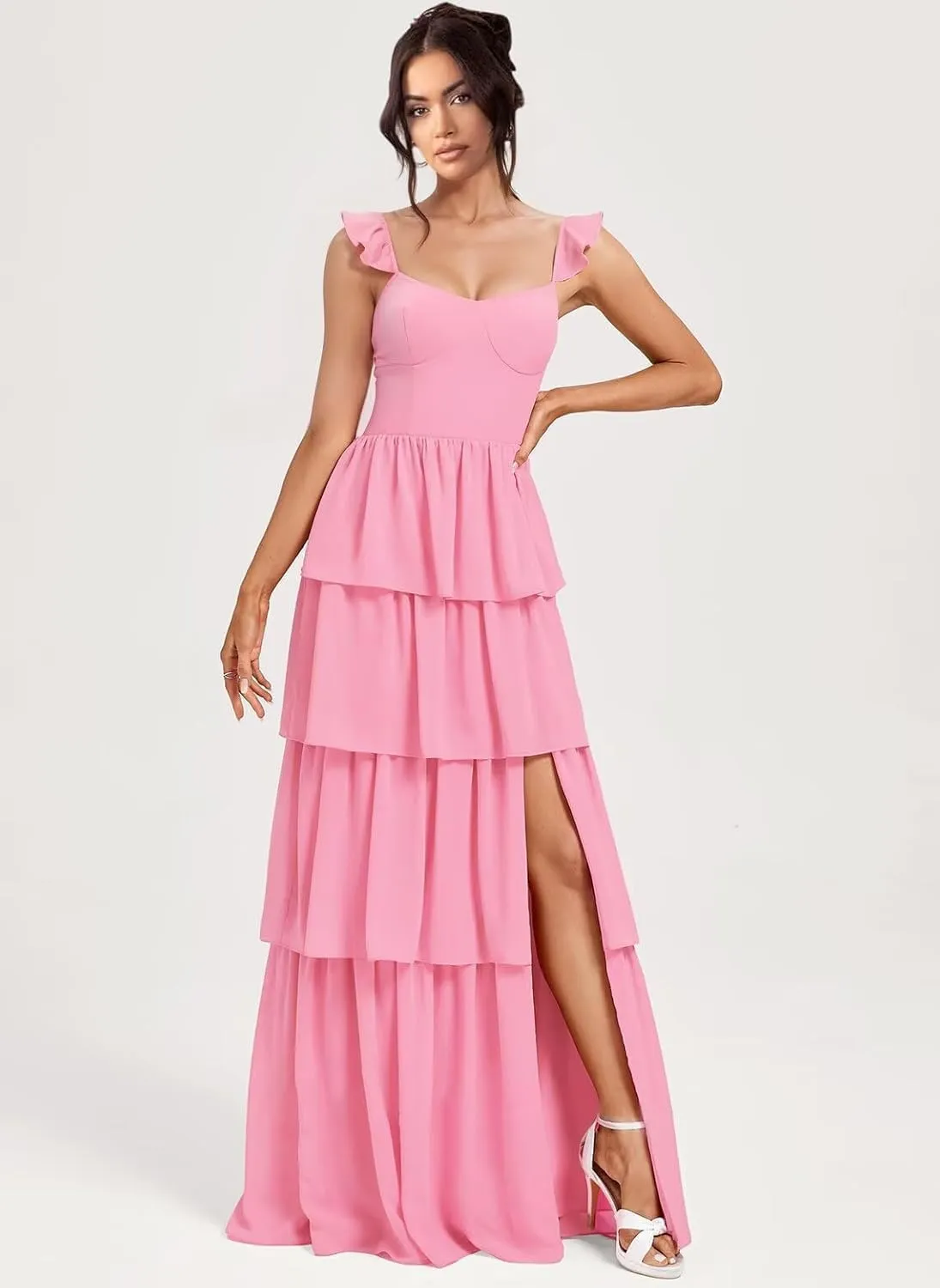 GDJDIFK Tiered Ruffles Bridesmaid Dresses for Women - Spaghetti Straps Chiffon Formal Evening Gown with Slit