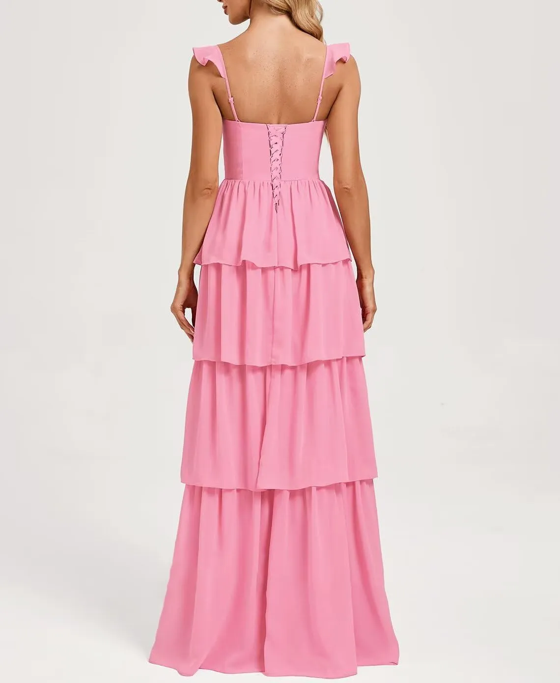 GDJDIFK Tiered Ruffles Bridesmaid Dresses for Women - Spaghetti Straps Chiffon Formal Evening Gown with Slit