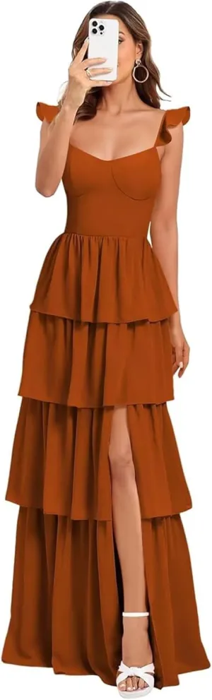 GDJDIFK Tiered Ruffles Bridesmaid Dresses for Women - Spaghetti Straps Chiffon Formal Evening Gown with Slit