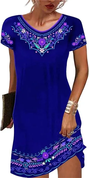 Geleglaer Summer Casual Short Sleeves Mexican Dress for Women V-Neck Dresses Boho Ethnic Printed Midi Dresses Plus Size S-3XL