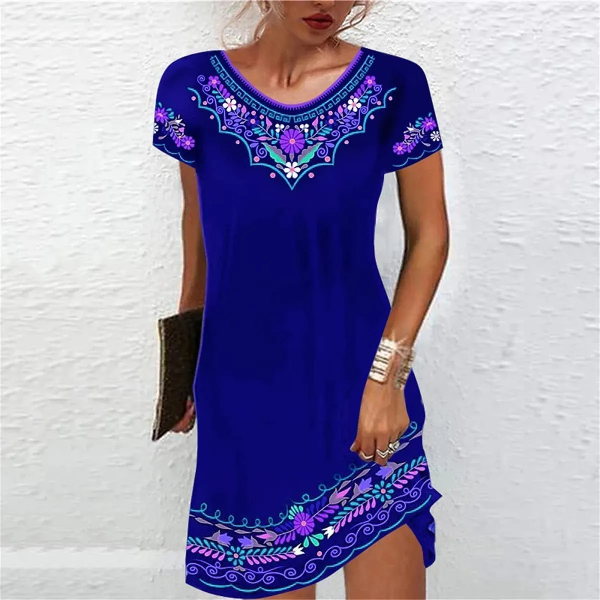 Geleglaer Summer Casual Short Sleeves Mexican Dress for Women V-Neck Dresses Boho Ethnic Printed Midi Dresses Plus Size S-3XL