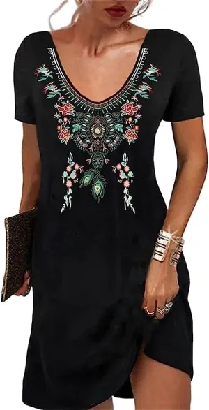 Geleglaer Summer Casual Short Sleeves Mexican Dress for Women V-Neck Dresses Boho Ethnic Printed Midi Dresses Plus Size S-3XL