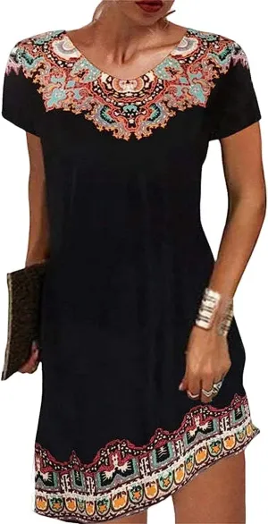 Geleglaer Summer Casual Short Sleeves Mexican Dress for Women V-Neck Dresses Boho Ethnic Printed Midi Dresses Plus Size S-3XL