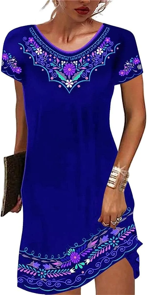 Geleglaer Summer Casual Short Sleeves Mexican Dress for Women V-Neck Dresses Boho Ethnic Printed Midi Dresses Plus Size S-3XL