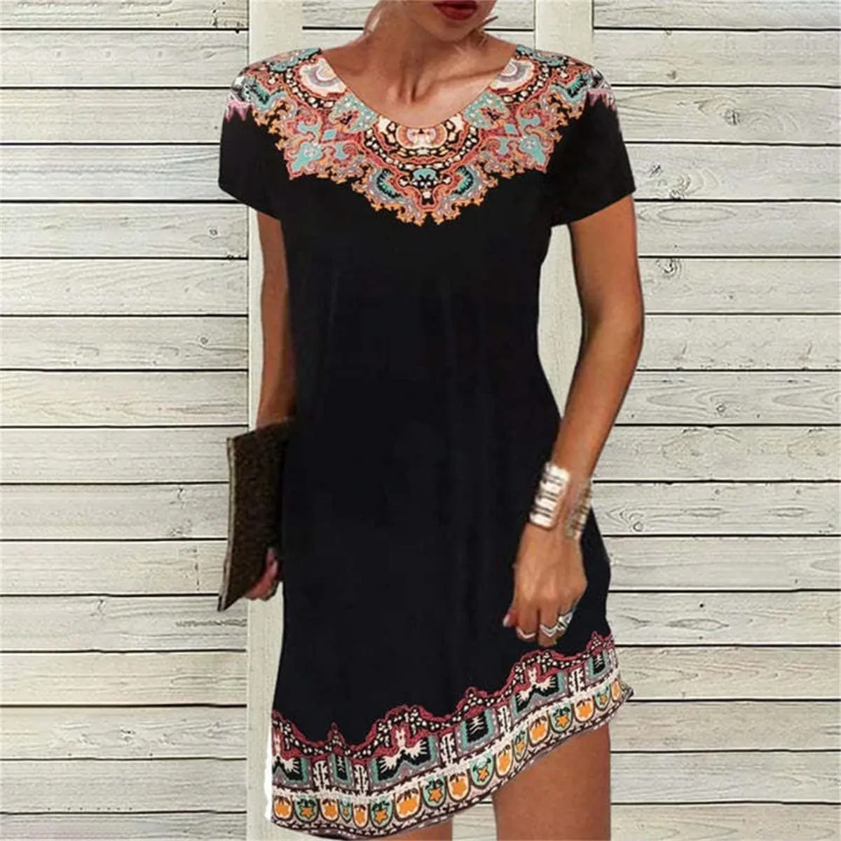 Geleglaer Summer Casual Short Sleeves Mexican Dress for Women V-Neck Dresses Boho Ethnic Printed Midi Dresses Plus Size S-3XL