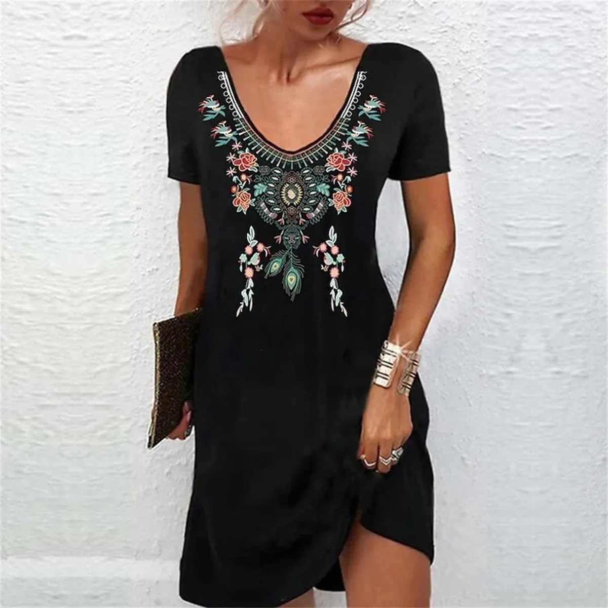 Geleglaer Summer Casual Short Sleeves Mexican Dress for Women V-Neck Dresses Boho Ethnic Printed Midi Dresses Plus Size S-3XL