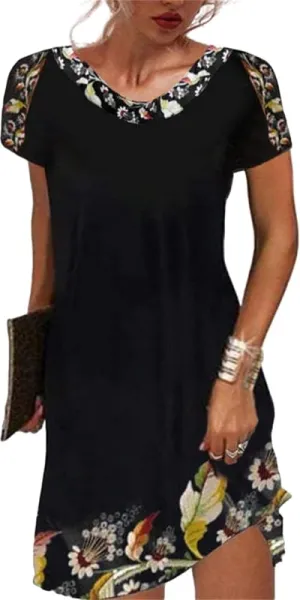 Geleglaer Summer Casual Short Sleeves Mexican Dress for Women V-Neck Dresses Boho Ethnic Printed Midi Dresses Plus Size S-3XL
