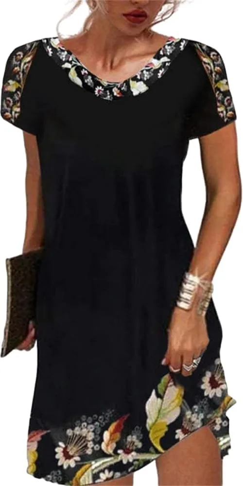 Geleglaer Summer Casual Short Sleeves Mexican Dress for Women V-Neck Dresses Boho Ethnic Printed Midi Dresses Plus Size S-3XL