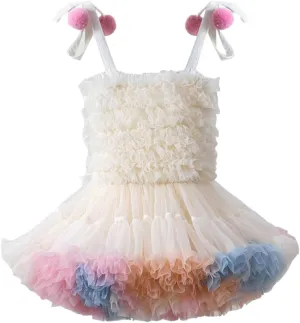 Girls Fluff Tiered Tulle Tutu Dresses Wedding Part Gown Spaghetti Straps Ruffle ini Dress with Pom om