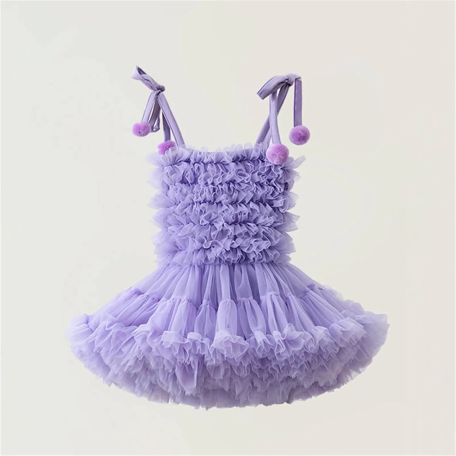 Girls Fluff Tiered Tulle Tutu Dresses Wedding Part Gown Spaghetti Straps Ruffle ini Dress with Pom om