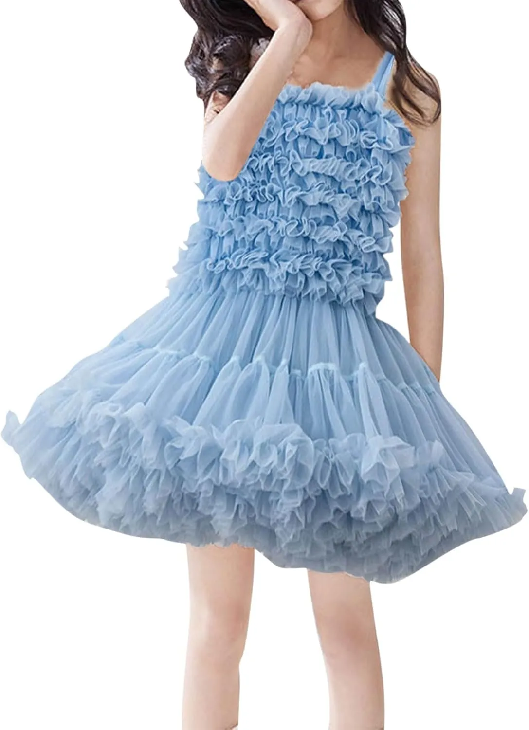 Girls Fluff Tiered Tulle Tutu Dresses Wedding Part Gown Spaghetti Straps Ruffle ini Dress with Pom om