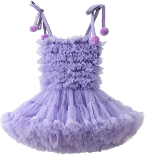 Girls Fluff Tiered Tulle Tutu Dresses Wedding Part Gown Spaghetti Straps Ruffle ini Dress with Pom om
