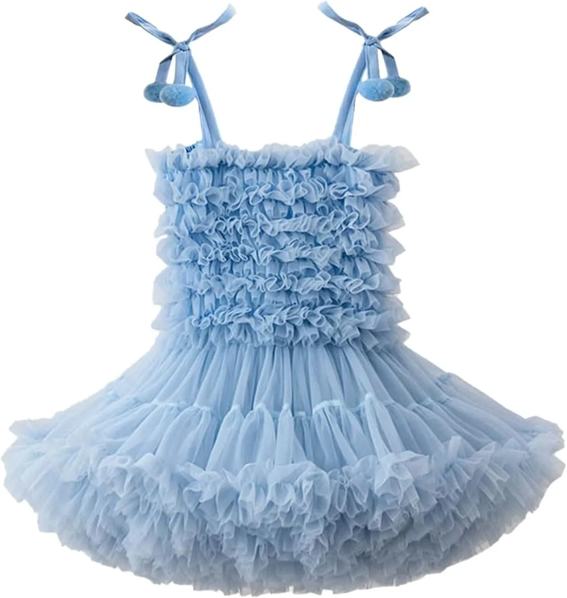 Girls Fluff Tiered Tulle Tutu Dresses Wedding Part Gown Spaghetti Straps Ruffle ini Dress with Pom om