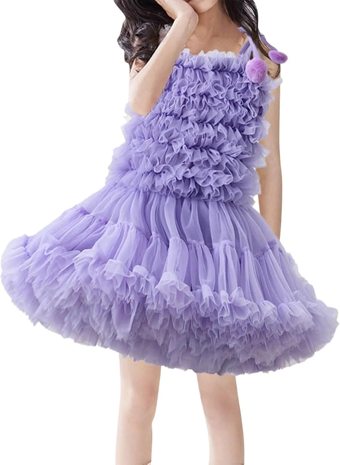 Girls Fluff Tiered Tulle Tutu Dresses Wedding Part Gown Spaghetti Straps Ruffle ini Dress with Pom om