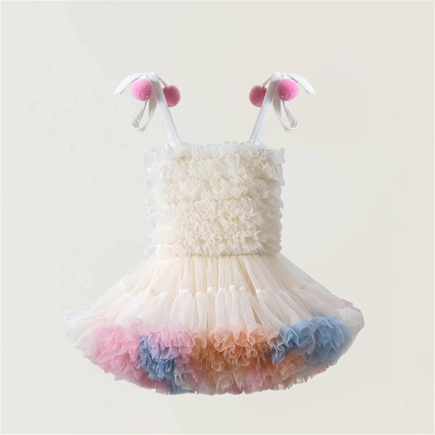 Girls Fluff Tiered Tulle Tutu Dresses Wedding Part Gown Spaghetti Straps Ruffle ini Dress with Pom om