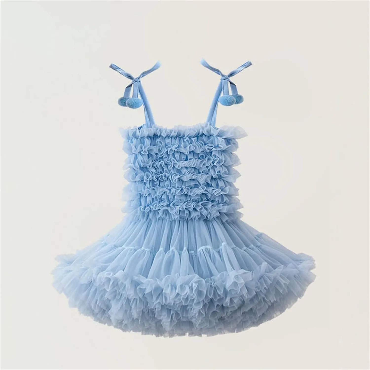 Girls Fluff Tiered Tulle Tutu Dresses Wedding Part Gown Spaghetti Straps Ruffle ini Dress with Pom om