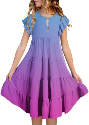 Girls Summer Boho Midi Dress Kids 2025 Ruffle Sleeve Cute Gradient Sundress Little Girls Beach Tiered Swing Dress
