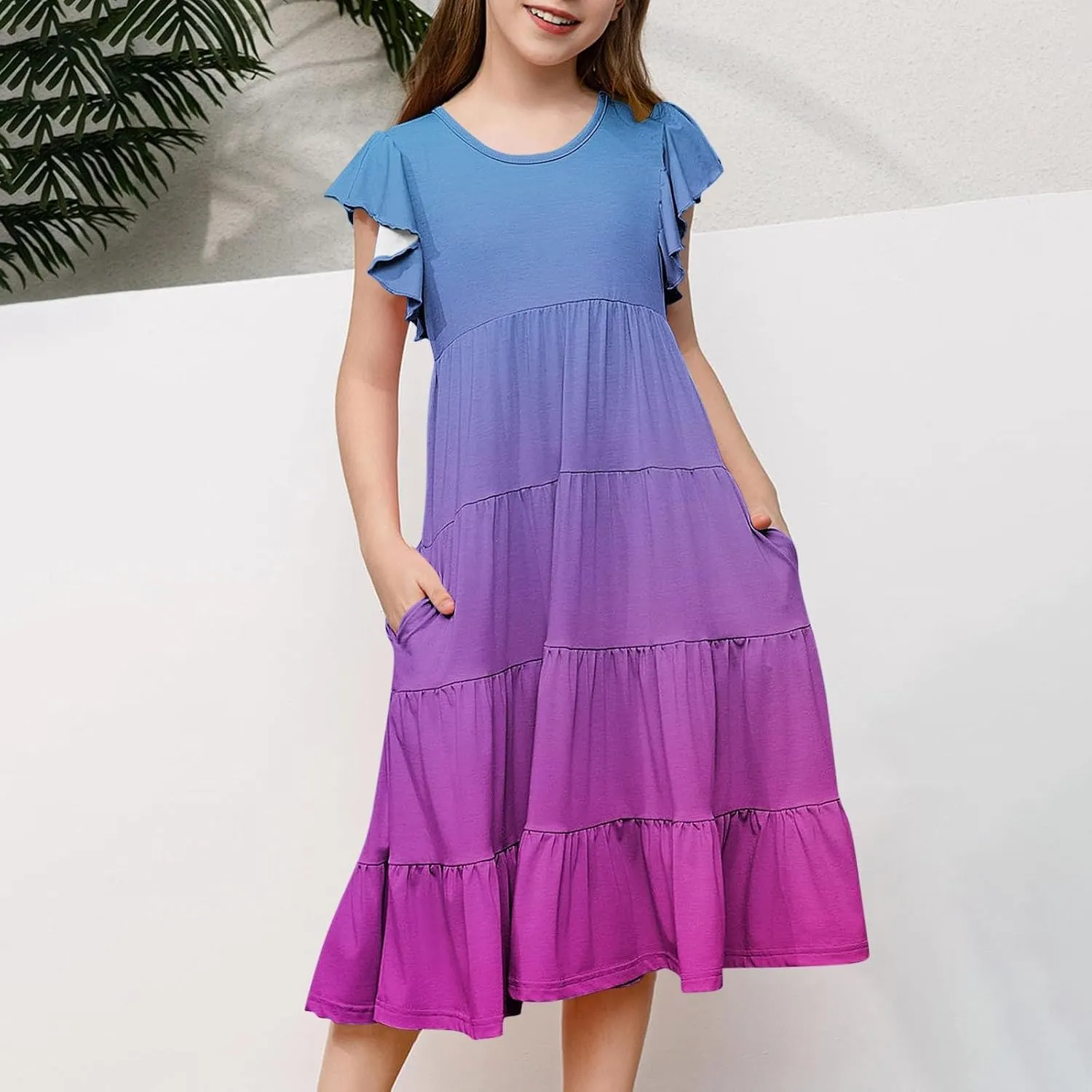 Girls Summer Boho Midi Dress Kids 2025 Ruffle Sleeve Cute Gradient Sundress Little Girls Beach Tiered Swing Dress