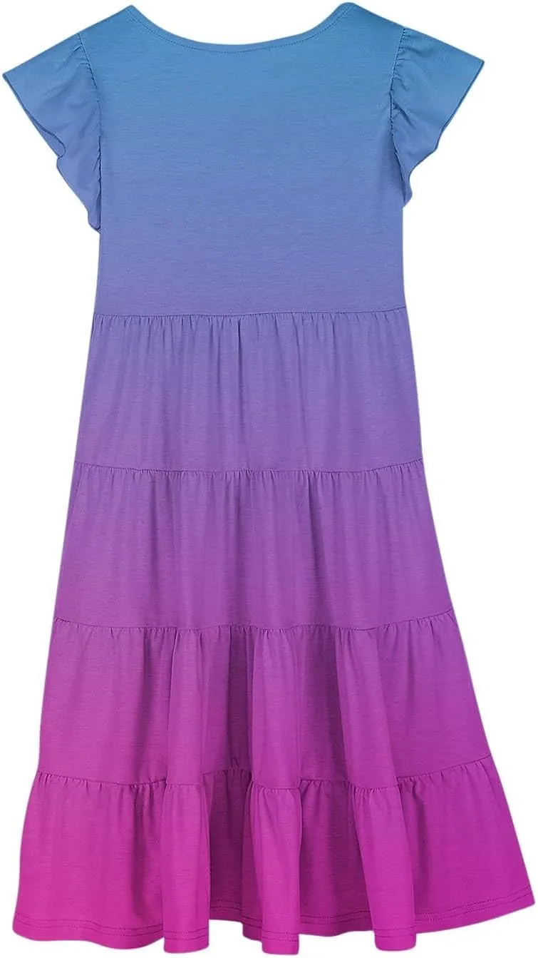 Girls Summer Boho Midi Dress Kids 2025 Ruffle Sleeve Cute Gradient Sundress Little Girls Beach Tiered Swing Dress
