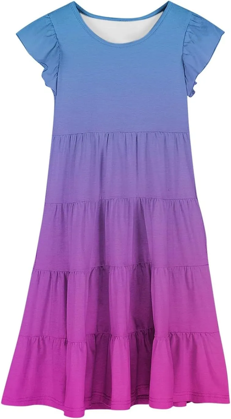 Girls Summer Boho Midi Dress Kids 2025 Ruffle Sleeve Cute Gradient Sundress Little Girls Beach Tiered Swing Dress