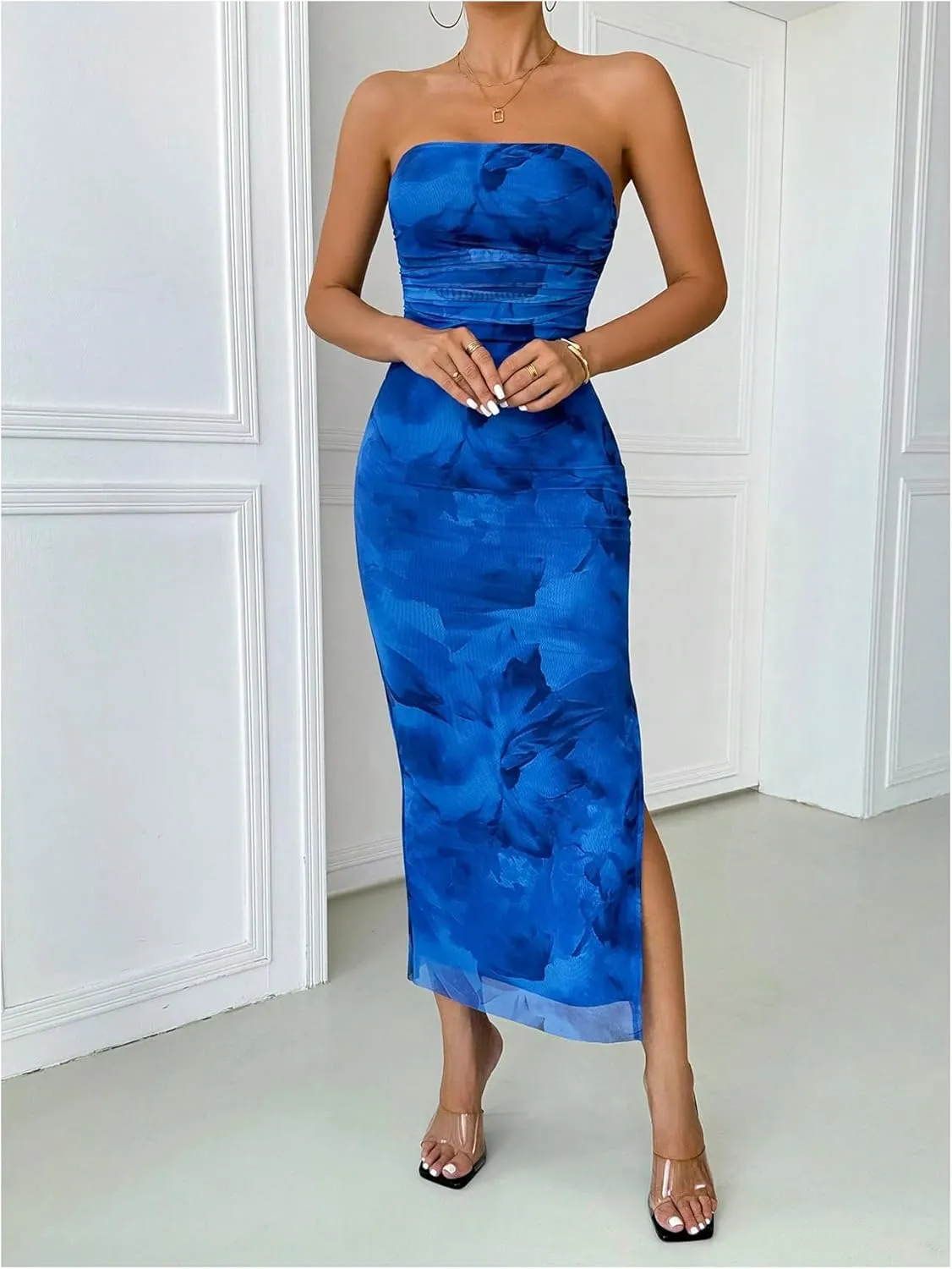 GORGLITTER Women's Floral Strapless Bodycon Wedding Guest Dress Vacation Summer Birthday Tropical Maxi Long Sun Dresses