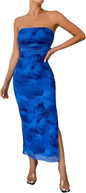 GORGLITTER Women's Floral Strapless Bodycon Wedding Guest Dress Vacation Summer Birthday Tropical Maxi Long Sun Dresses