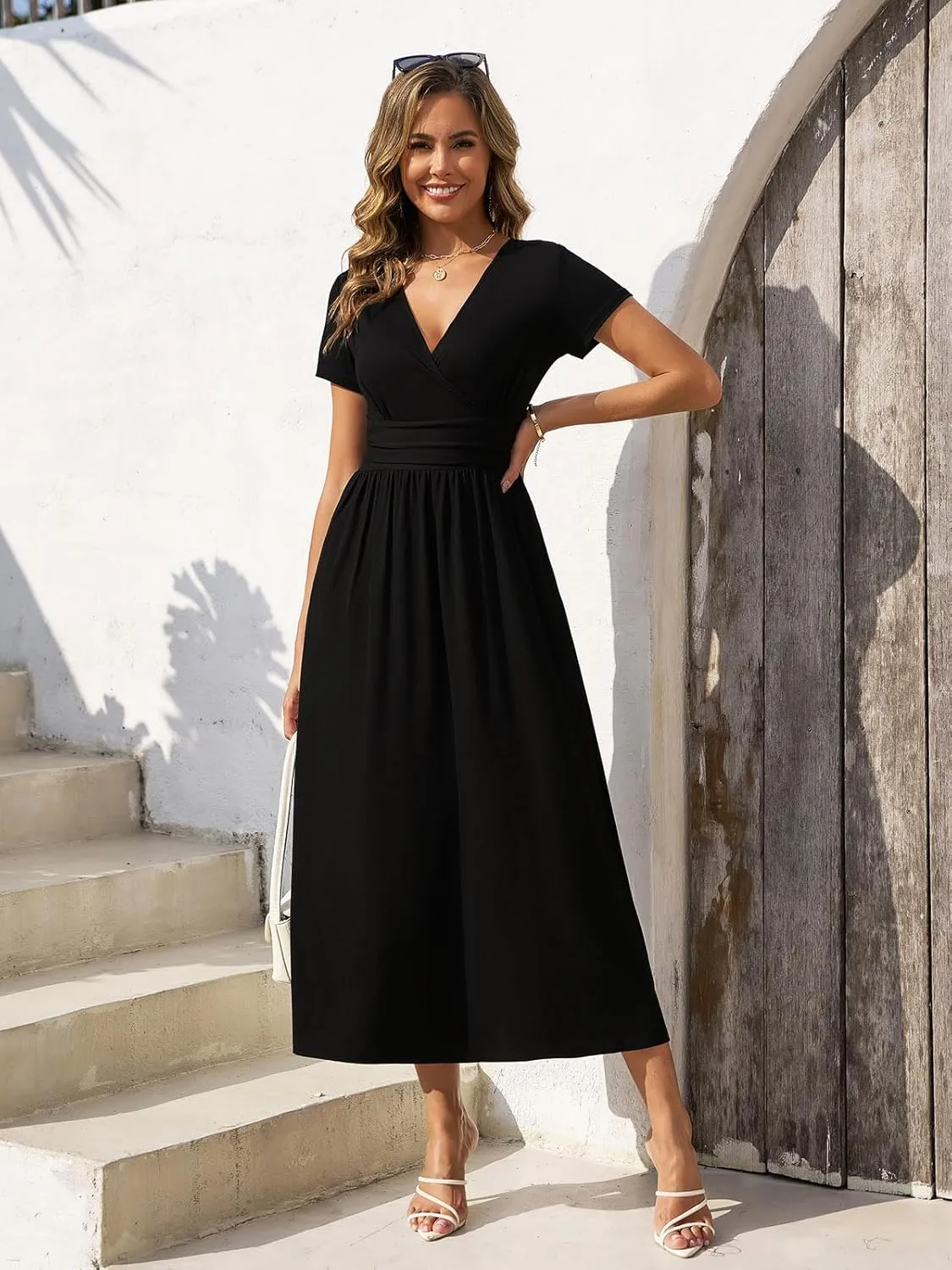 Gracyoga Women's Summer Dresses 2025 Short Sleeve Maxi Dress Casual V Neck Flowy Sundress with Pockets