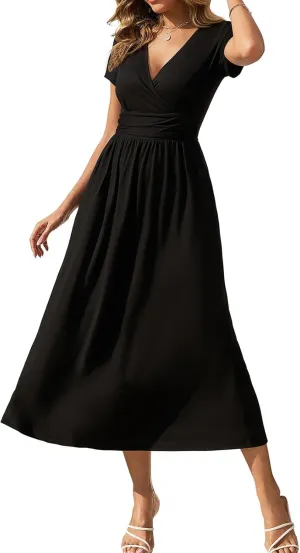 Gracyoga Women's Summer Dresses 2025 Short Sleeve Maxi Dress Casual V Neck Flowy Sundress with Pockets