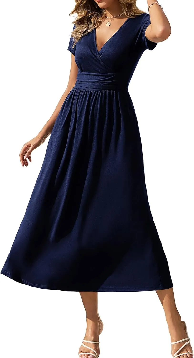Gracyoga Women's Summer Dresses 2025 Short Sleeve Maxi Dress Casual V Neck Flowy Sundress with Pockets