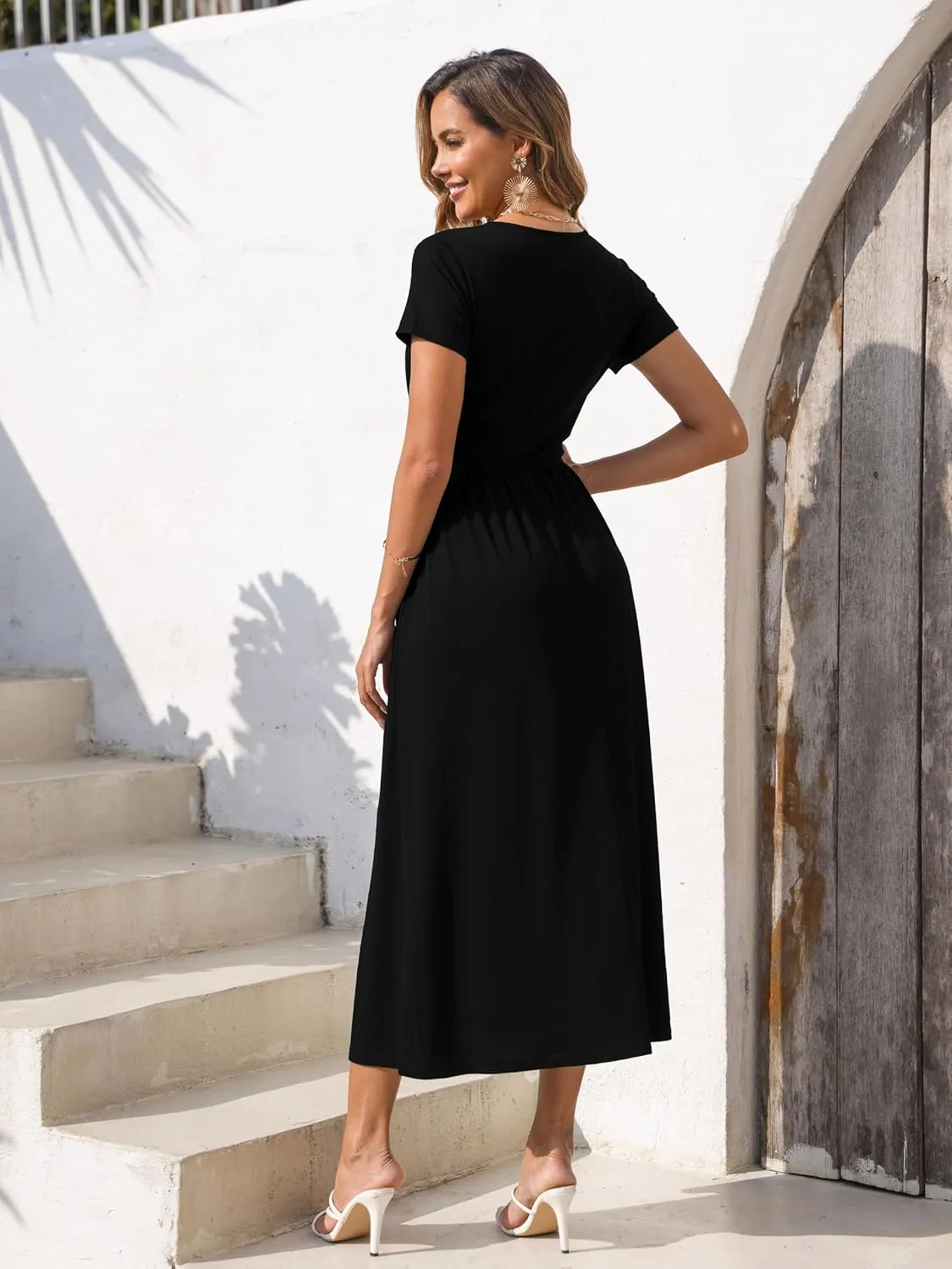 Gracyoga Women's Summer Dresses 2025 Short Sleeve Maxi Dress Casual V Neck Flowy Sundress with Pockets