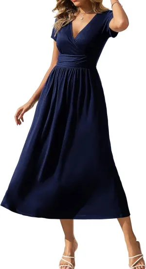 Gracyoga Women's Summer Dresses 2025 Short Sleeve Maxi Dress Casual V Neck Flowy Sundress with Pockets