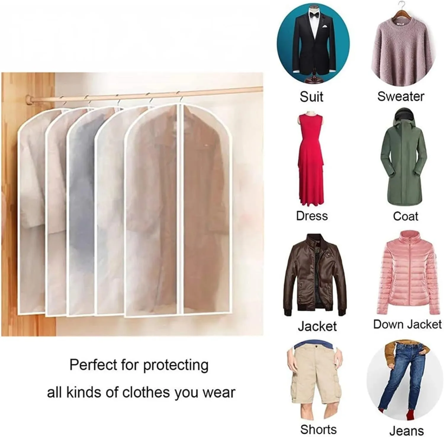 Hanging Garment Bag 5/10Pcs Dustproof Garment Covers Bags with Zip Washable Reusable Clothes Storage Bag Waterproof Clothes Cover Clear Garment Bag(10Pcs)