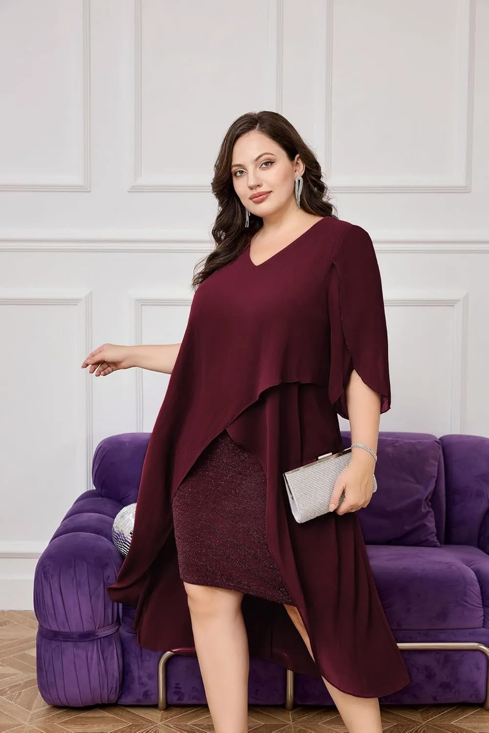 Hanna Nikole Womens Plus Size Chiffon Cocktail Dress Ruffle 3/4 Sleeve Wedding Guest Party Dresses with High Low Hem