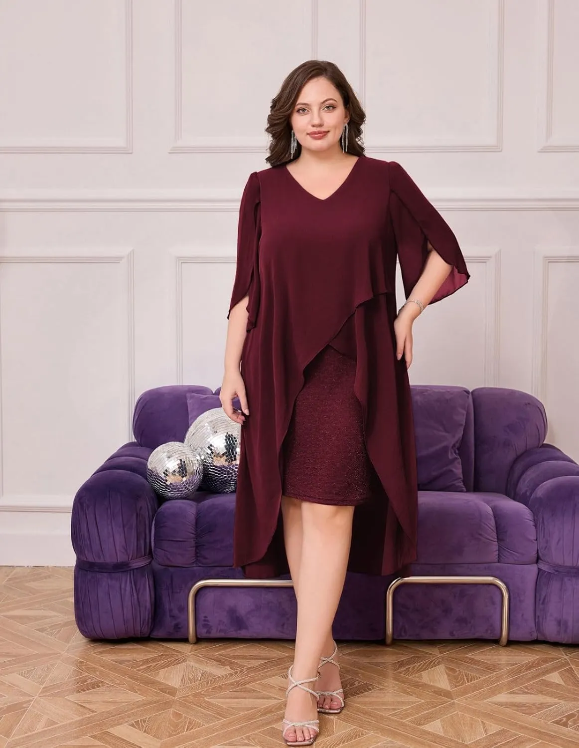 Hanna Nikole Womens Plus Size Chiffon Cocktail Dress Ruffle 3/4 Sleeve Wedding Guest Party Dresses with High Low Hem