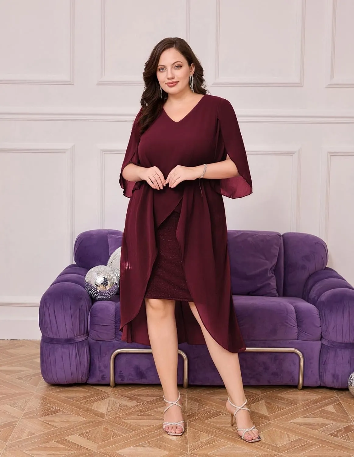 Hanna Nikole Womens Plus Size Chiffon Cocktail Dress Ruffle 3/4 Sleeve Wedding Guest Party Dresses with High Low Hem