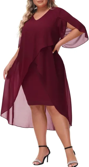 Hanna Nikole Womens Plus Size Chiffon Cocktail Dress Ruffle 3/4 Sleeve Wedding Guest Party Dresses with High Low Hem