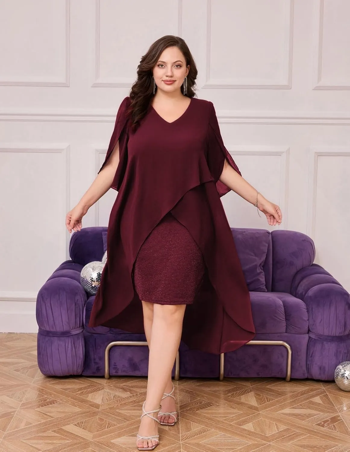 Hanna Nikole Womens Plus Size Chiffon Cocktail Dress Ruffle 3/4 Sleeve Wedding Guest Party Dresses with High Low Hem