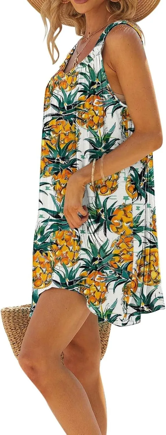 Hawaiian Dresses for Women Summer Floral Sleeveless Mini Dress Casual Swing Beach Cover Ups Vacation Tank Sundress