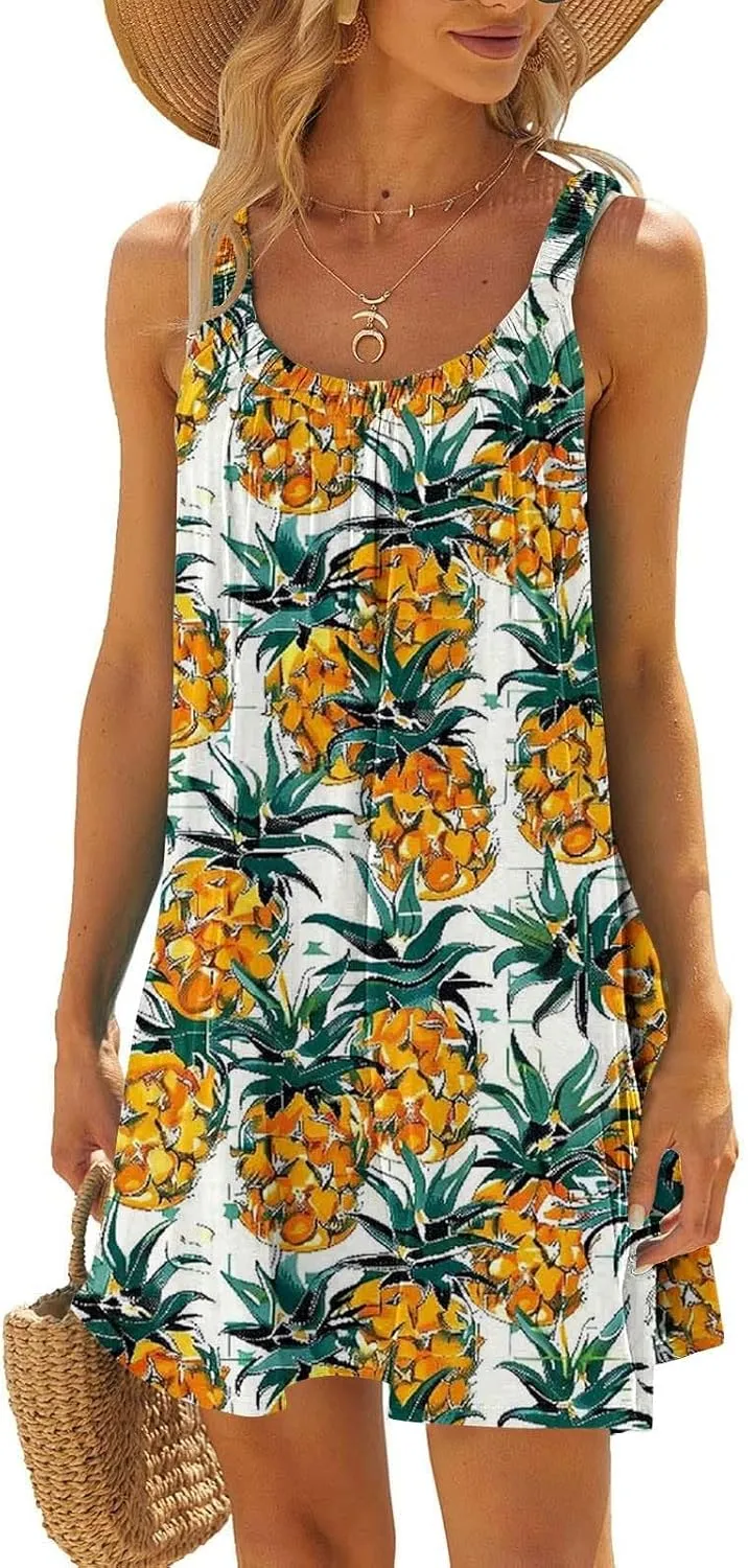 Hawaiian Dresses for Women Summer Floral Sleeveless Mini Dress Casual Swing Beach Cover Ups Vacation Tank Sundress