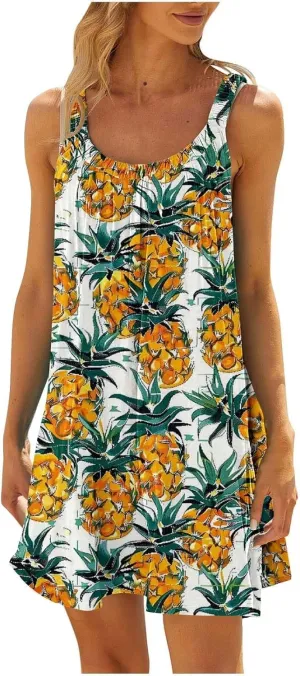 Hawaiian Dresses for Women Summer Floral Sleeveless Mini Dress Casual Swing Beach Cover Ups Vacation Tank Sundress