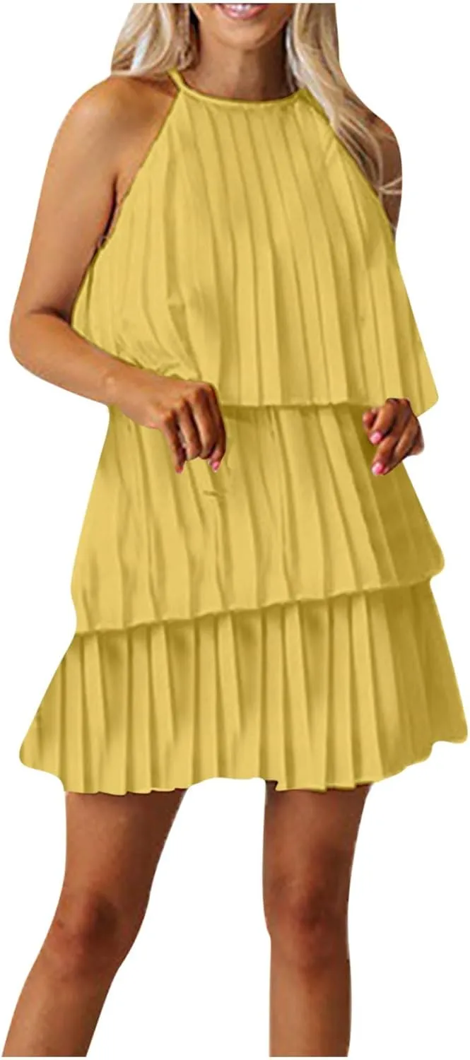 HGps8w Halter Neck Dresses for Women Summer Sleeveless Ruffle Tiered Layered Chiffon Flowy A Line Mini Dress for Party