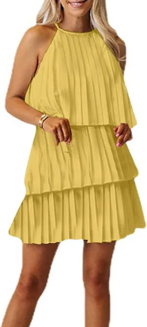 HGps8w Halter Neck Dresses for Women Summer Sleeveless Ruffle Tiered Layered Chiffon Flowy A Line Mini Dress for Party