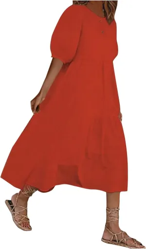 HGps8w Women Loose Boho Dresses 2025 Summer Plus Size Solid Color Puff Short Sleeve Crewneck Cute Midi Sun Dress