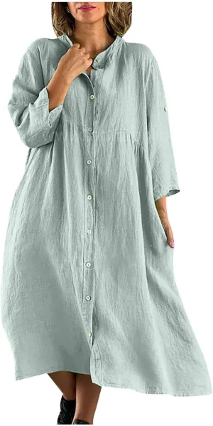 HGps8w Women's Plus Size Cotton Linen Shirt Dresses Button Down V Neck 3/4 Sleeve Casual Loose Midi Swing Beach Dress