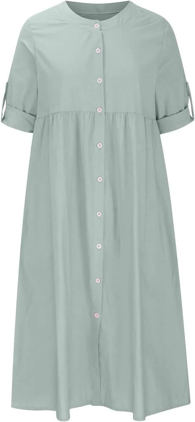 HGps8w Women's Plus Size Cotton Linen Shirt Dresses Button Down V Neck 3/4 Sleeve Casual Loose Midi Swing Beach Dress