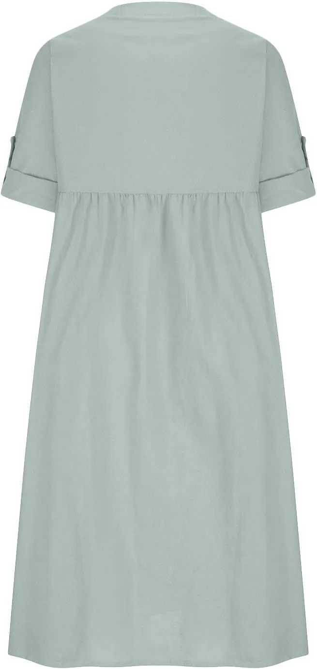 HGps8w Women's Plus Size Cotton Linen Shirt Dresses Button Down V Neck 3/4 Sleeve Casual Loose Midi Swing Beach Dress