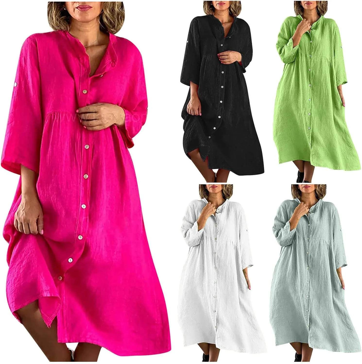 HGps8w Women's Plus Size Cotton Linen Shirt Dresses Button Down V Neck 3/4 Sleeve Casual Loose Midi Swing Beach Dress
