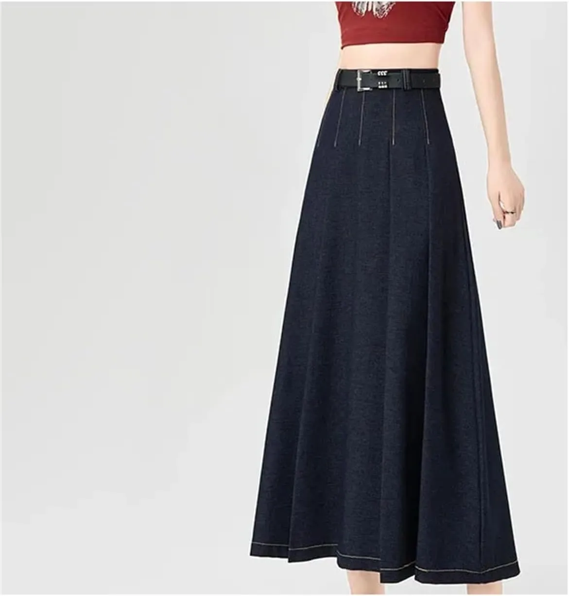 High-Waisted Slimming Denim Skirt Women's Spring Casual A- Line Draped Dress Long Fashion