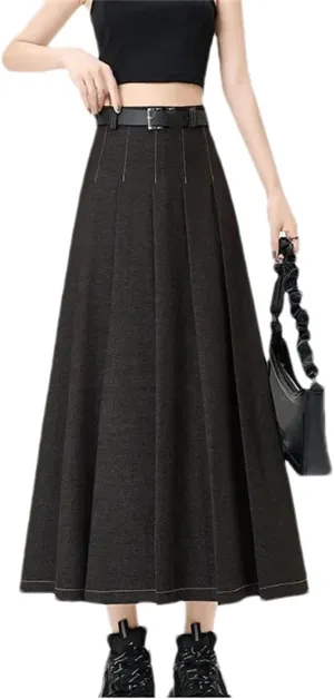 High-Waisted Slimming Denim Skirt Women's Spring Casual A- Line Draped Dress Long Fashion